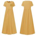 thumbnail image 4 of Robes Boho pour Femmes Été Plage Coton Lin Robe Maxi Col Ras du Cou Manches Courtes Fendue Vacances Robe Longue Unie, 4 of 4