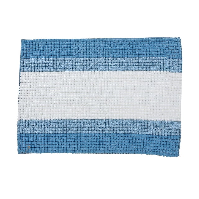 Stripe Chenille Bath Mat 20X28 Blue with plush chenille fabric in blue and white horizontal stripes, offering softness and absorbency with an anti-slip backing for bathroom safety, also suitable as a soft floor mat for entryways or kitchens.