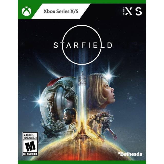 Starfield Standard Edition (Xbox Series X|S) game cover featuring an astronaut helmet on the left, a robotic figure on the right, and a spaceship launching upward from a glowing planet surface in the center, set against a starry space background with the Starfield logo above and Xbox Series X/S branding at the top.