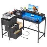 L Shaped Gaming Desk with LED Lights & 3 Drawers, 47" Reversible Corner Computer Desk with Power Outlets, USB Ports & Monitor Stand, Home Office Desk with Bookshelf