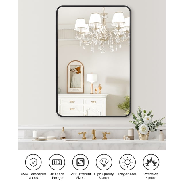 BeesClover Bathroom Mirrors for Over Sink, Wall Mount Bathroom Mirror, Metal Rounded Corner Framed Vanity Mirror