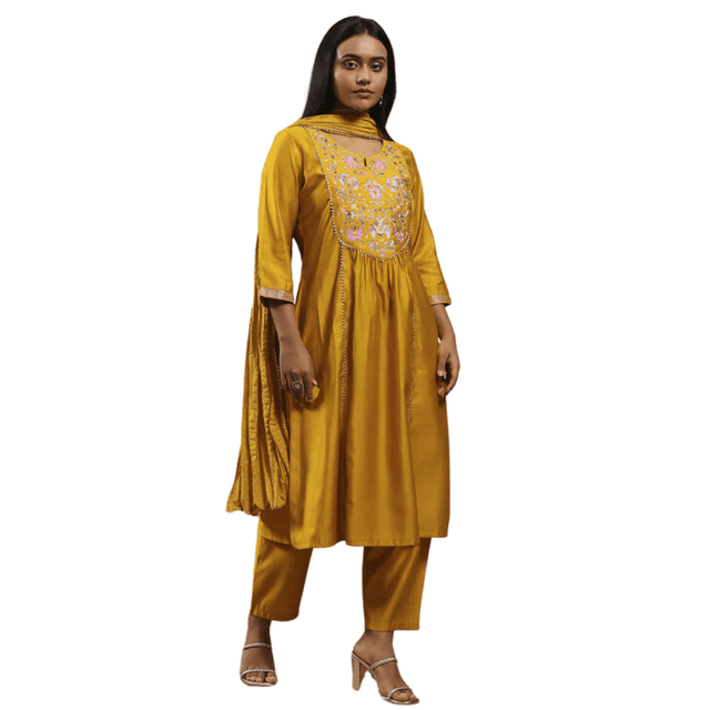Biba Rangriti Ensemble de Tenue Ethnique Indienne pour Femmes (Kasheeda Révisé 22286), Moutarde, Taille 36