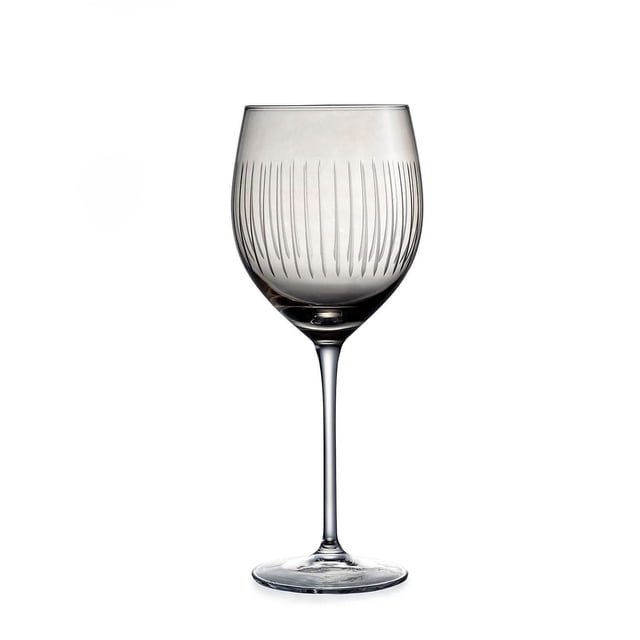 Rainbow Glo Colored Wine Glasses 470ml, Set of 4, single grey crystal wine glass with vertical line carvings around the bowl, tall slender stem, and round base, ideal for barware and entertaining, shown on a white background