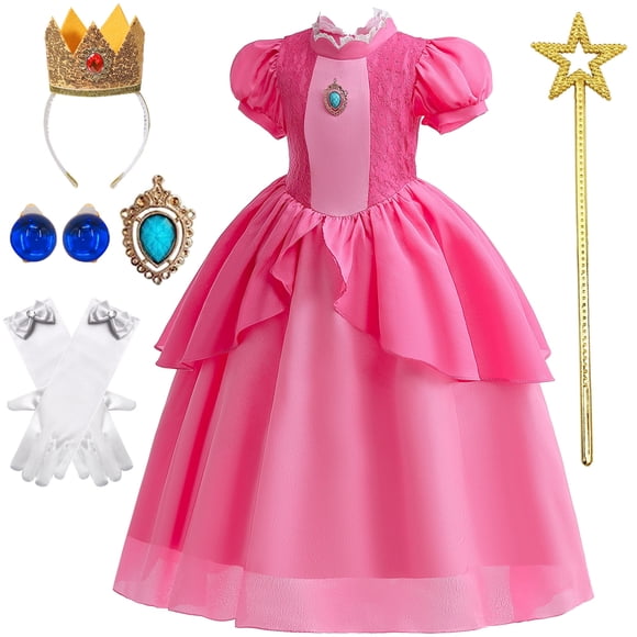 Princess Peach Costume for Girls Dress up Outfit with Crown Gloves Earring Wand 3-12 Years