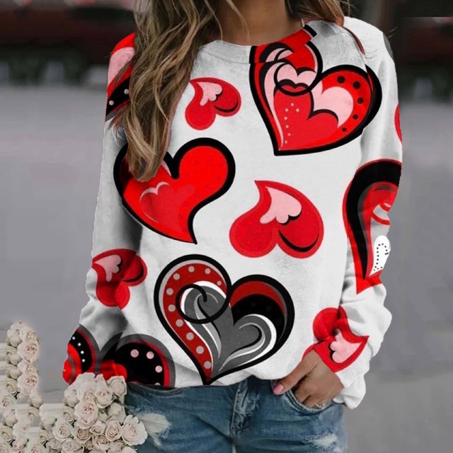 Qertyioot T-Shirt Graphique de la Saint-Valentin pour Femmes à Manches Longues, Pull Fin Imprimé Décontracté Col Rond