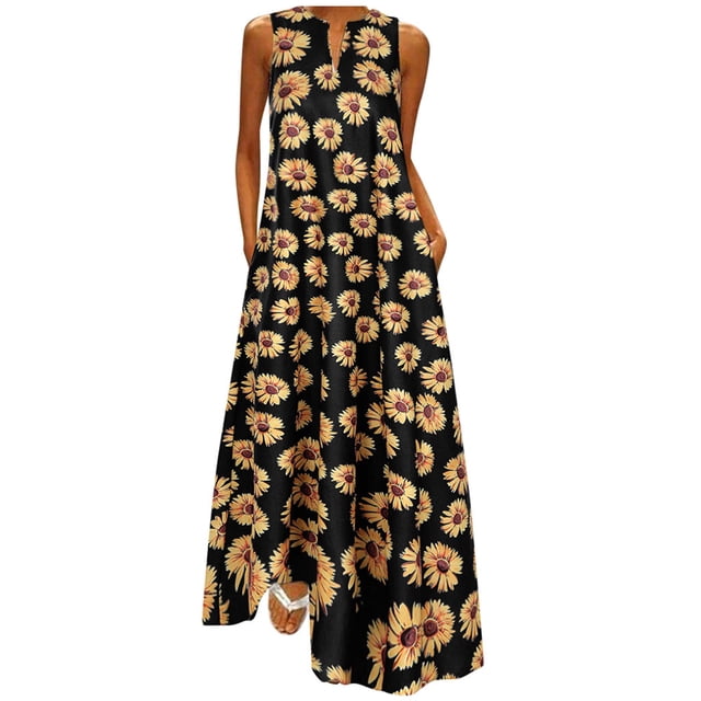 Fridja Robe Maxi Vintage Tournesol Bohème Sans Manches Col en V pour Femmes Grande Taille