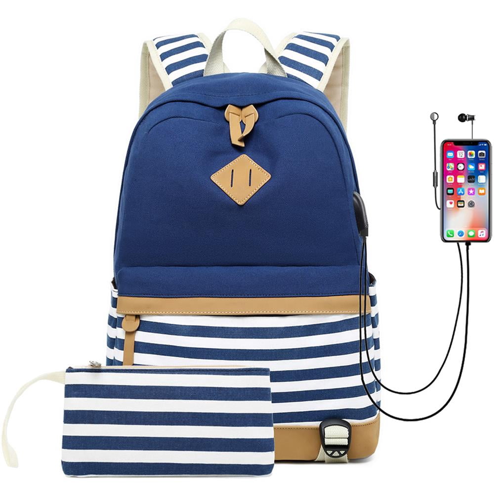 Youkk USB Backpacks for Girls Canvas Stripe Backpack School Bag College Bookbag Travel Daypack Blue