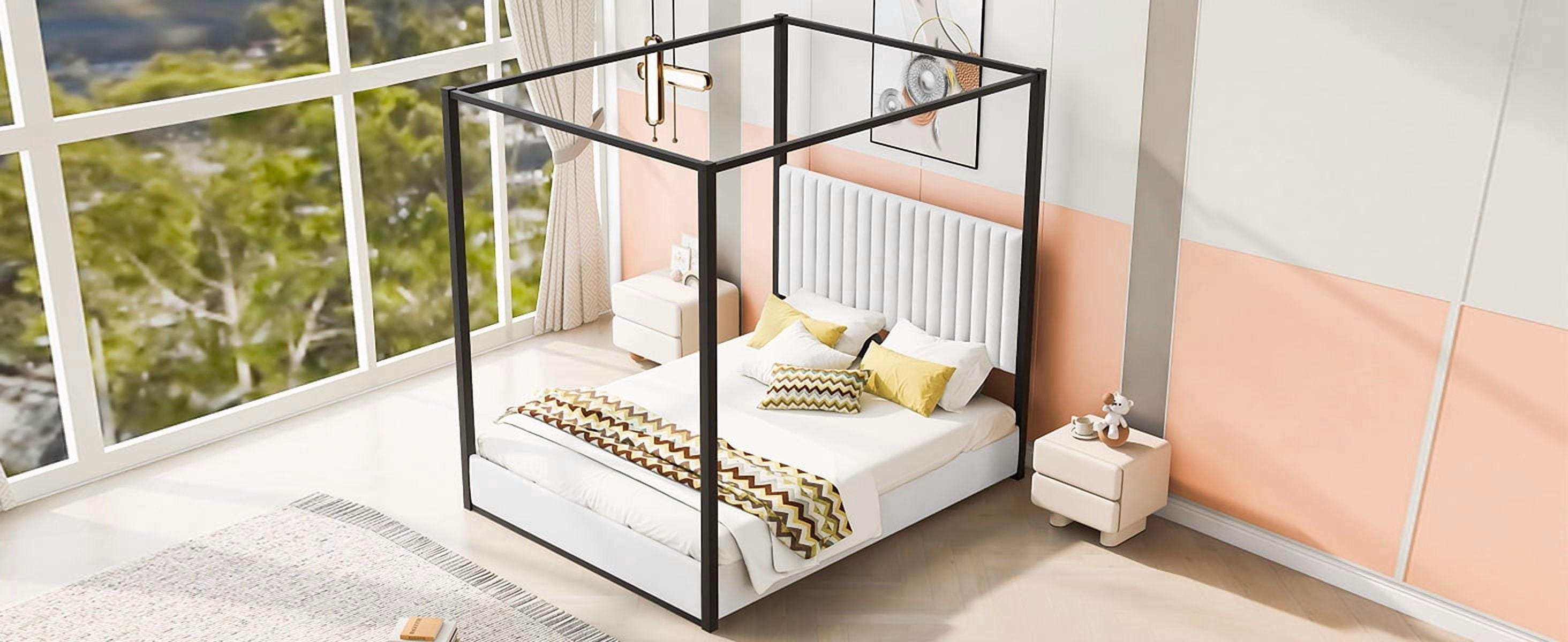 Noble House Queen Size Upholstery Canopy Platform Bed with Headboard and Metal Frame,White