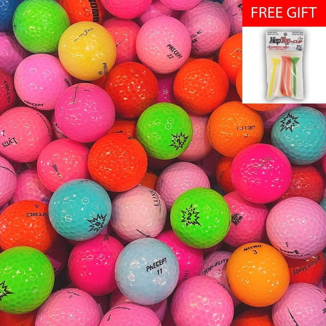 Mulligan - 77 Mix AAA Recycled Used Golf Balls, Color showing a close-up of assorted mixed-color used golf balls in pink, orange, green, yellow, and blue with visible brand markings like Precept and Nitro, plus an inset image of a free pack of multicolored golf tees included with the order, suitable for players of all skill levels.