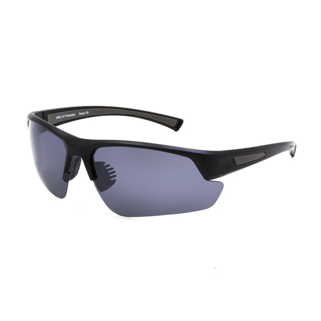 Athletic Works Polarized Black Wraparound Sunglasses with a matte black frame and polarized smoke lenses offering 100% UVA/UVB protection, designed for active outdoor use with a wrap-around sporty fit for all-day comfort, shown from a right-side angle on white.