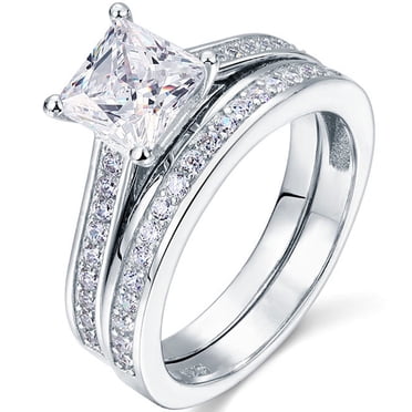 JeenMata 1.50 Carat Princess Cut Moissanite Wedding Set - Bridal Set - Channel Set Ring - Handmade Ring - 18k White Gold Plating for Women