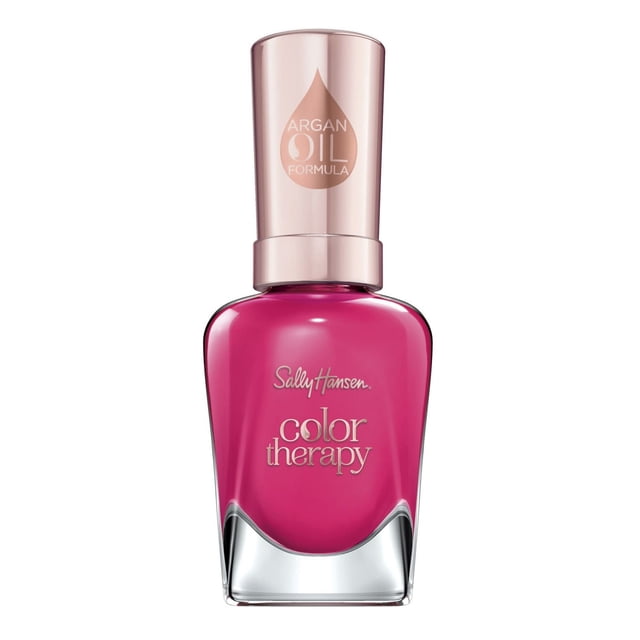 Sally Hansen Color Therapy Nail Color in bright pink with a rose gold cap labeled 'Argan Oil Formula,' providing intensive nourishment and up to 10 days of fade-proof, chip-resistant wear with a shiny, smooth finish for healthy-looking nails.
