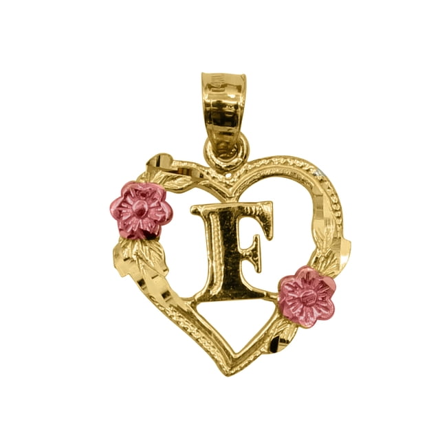 Precious Stars 14k Two-tone Gold Flower and Heart-shaped Initial 'F' Pendant