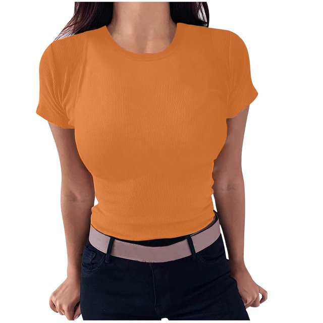 AherBiu Hauts Côtelés pour Femmes Été Col Ras du Cou Tricoté Manches Courtes Extensible Coupe Ajustée Hauts de Sortie T-Shirts Chemises