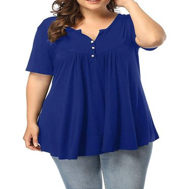 CHOK Tuniques à Boutons Henley à Col en V pour Femmes Grande Taille, Hauts Décontractés à Manches Courtes, Chemisiers