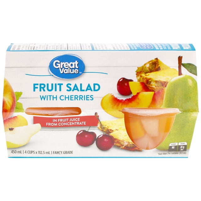 Great Value Fruit Salad with Cherries in fruit juice from concentrate, packaged in four 112.5 mL cups. The box displays cherries, peach slices, pineapple chunks, and a pear, illustrating the canned fruit salad contents. It is also suitable for quick snack servings or dessert toppings.