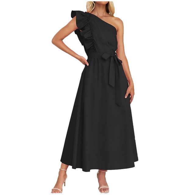 Wyzesi Accessoires de Robes Charleston Rouge Robe d'Été pour Femme à une Épaule à Volants Sans Manches Bohème Fluide Maxi Robes Pyjama de Noël Costume