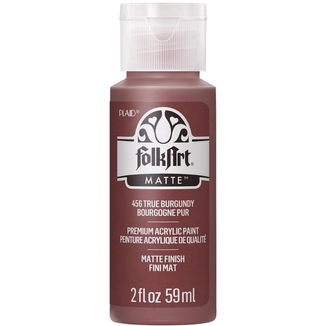 Folkart Matte Acrylic Craft Paint, 2 fl. oz., True Burgundy in a plastic bottle with a white flip-top cap, featuring a matte finish and premium acrylic formula ideal for basecoating, stenciling, and use on wood, canvas, and paper surfaces.