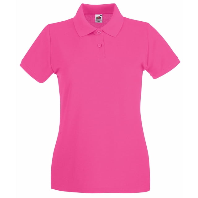 Fruit of the Loom Womens Premium Fitted Short-Sleeved Polo Shirt in a vibrant pink color. Made from 65% polyester and 35% cotton, it features a plain design with a ribbed cuff, short sleeves, and a turn-down collar. The shirt includes a 2-button placket with self-colored buttons, shaped side seams, and side vents for a fitted silhouette. Available in sizes XS to XXL.