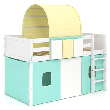 Patiojoy Twin Size Loft Bed Playhouse Bed Frame with Tower Tent 3 Storage Pockets Solid Wood Ladder Turquoise