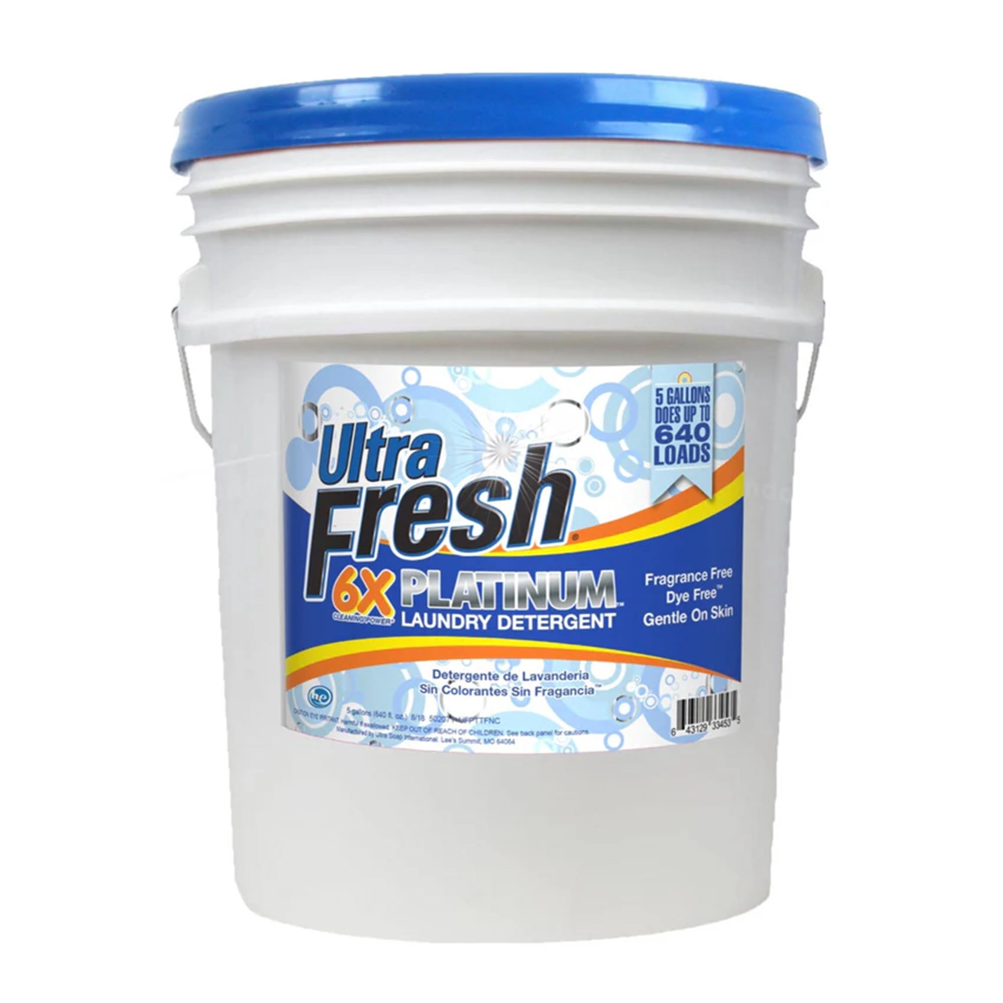 Ultra Fresh 6X Platinum Laundry Detergent, 640 Loads, Fragrance Free + Dye Free, 5 Gallon