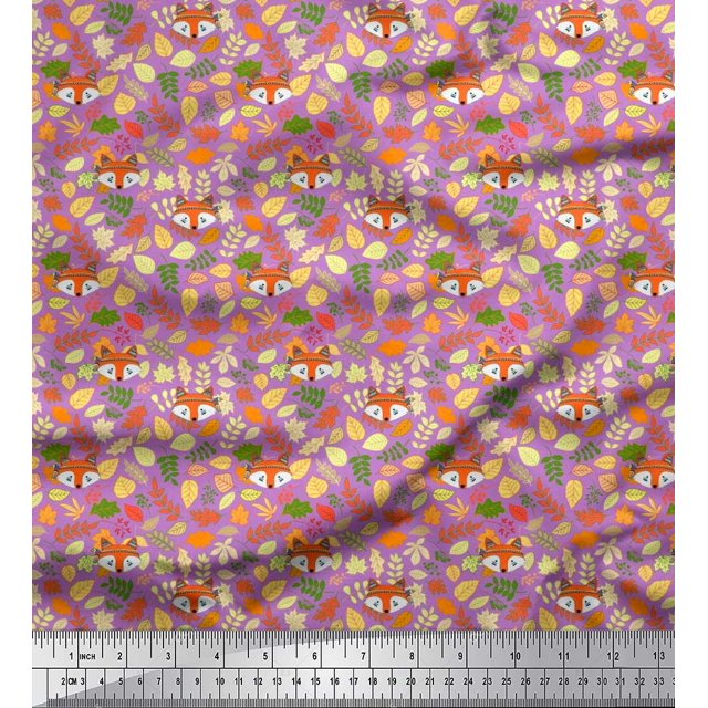 Soimoi Polyester Crepe Fabric Leaves & Fox Face Cartoon Printed Craft Fabric by The Yard 42 Inch Wide