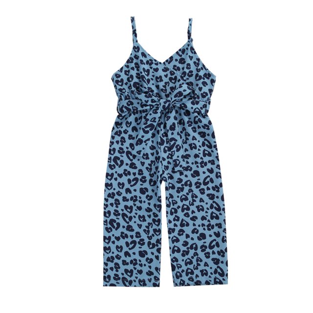 FOCUSNORM Girls Summer Sleeveless Romper Leopard High Waist Lace-up V Neck