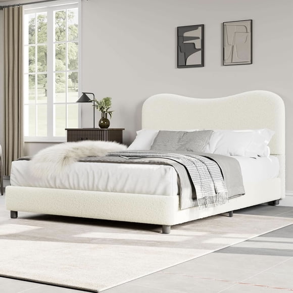 Ourlova Queen Size Platform Bed Frame Metal Frame Twin Bed Fame with Strong Wooden Slats Sherpa Fabric Upholstered Bed Frame with Headboard No Box Spring Needed No Noise Free Beige