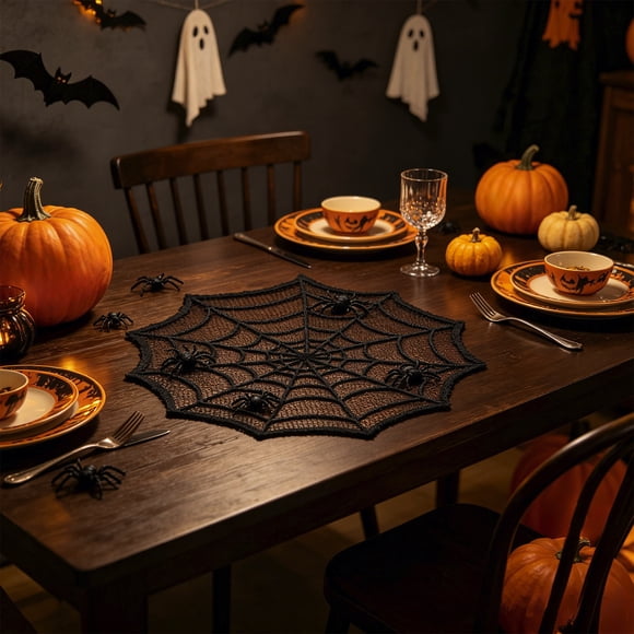 Roiihwy Gothic Spidre Web Placemats, Dinning Table Mats Bat Vintage Lunchmat Vase Mat for Home Kitchen Decoration Rustic Boho Cloth, Round 12In, Black