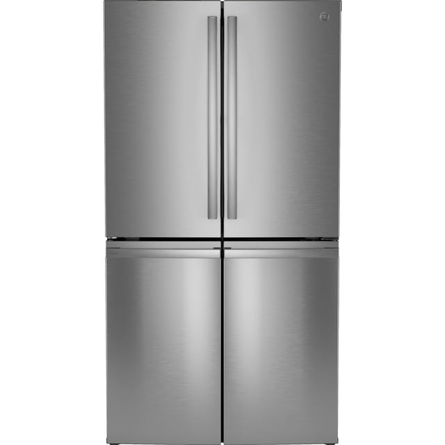 Profile Réfrigérateur à Portes Françaises à 4 Portes 28,4 Pi3 en Acier Inoxydable - PAD28BYTFS Réfrigérateur en Acier Inoxydable à Quatre Portes Orienté vers l'Avant avec Portes Françaises Supérieures et Deux Tiroirs Inférieurs; Lumière DEL Murale visible à l'Intérieur, Bac Rotatif Porte‐dans‐la‐porte sur la Porte Droite, zone de Température convertible et Pichet à Double Distributeur à Remplissage Automatique selon les Spécifications, Conçu pour Contenir jusqu'à 12,5 lb de Glace Filtrée. Utilisé Souvent comme station de Boissons Froides pour Recevoir.