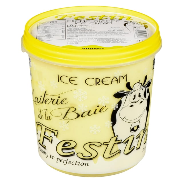 FESTIN Bac à Crème Glacée à la Banane avec Couvercle Jaune Vif et Contenant Jaune Crémeux Décoré de Flocons de Neige et d'Une Vache de Dessin Animé, Étiqueté en Français et en Anglais, Fait avec 100 % de Lait Canadien, Gâterie Glacée Idéale dans la Catégorie des Bacs à Crème Glacée.