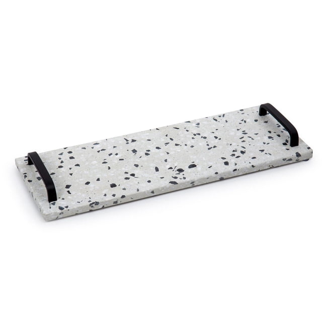 Truu Design Decorative Terrazzo Tray, 15.75 x 2 inches, grey, rectangular concrete tray with black terrazzo speckles and two black metal handles, suitable for serving snacks or displaying jewelry in modern home décor.