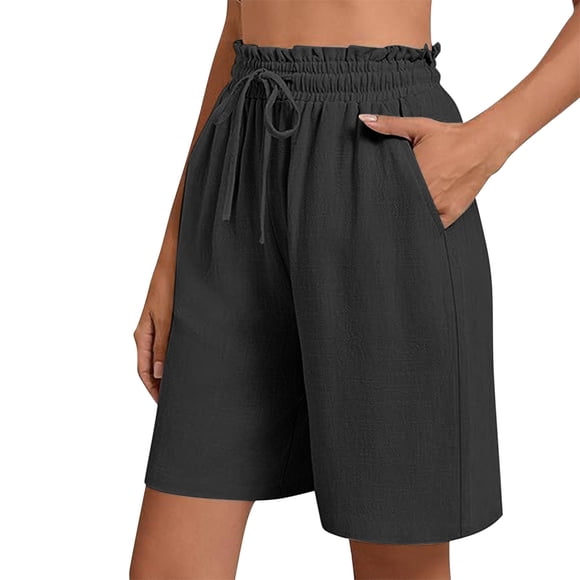 Cameland Womens Bermuda Shorts Knee Length Cotton Linen Shorts Loose Fit Summer Elastic Waist Casual Shorts with Pockets