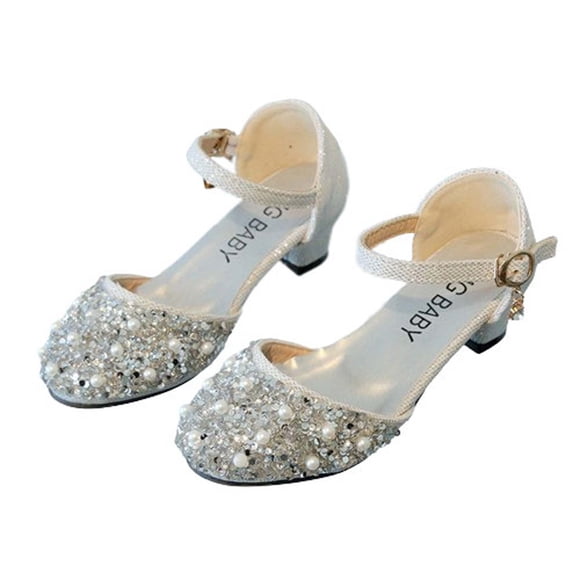 LOVZFMLL Girls Dress Shoes Sparkle Classic Mary Jane Sandals Low Heel Wedding Party Prom Footwear for Toddler Kids Silver 6-7 Years