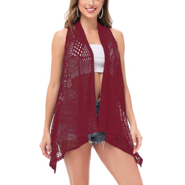 Womens Sleeveless Open Front Crochet Shawl Cardigan Bikini Cover Up