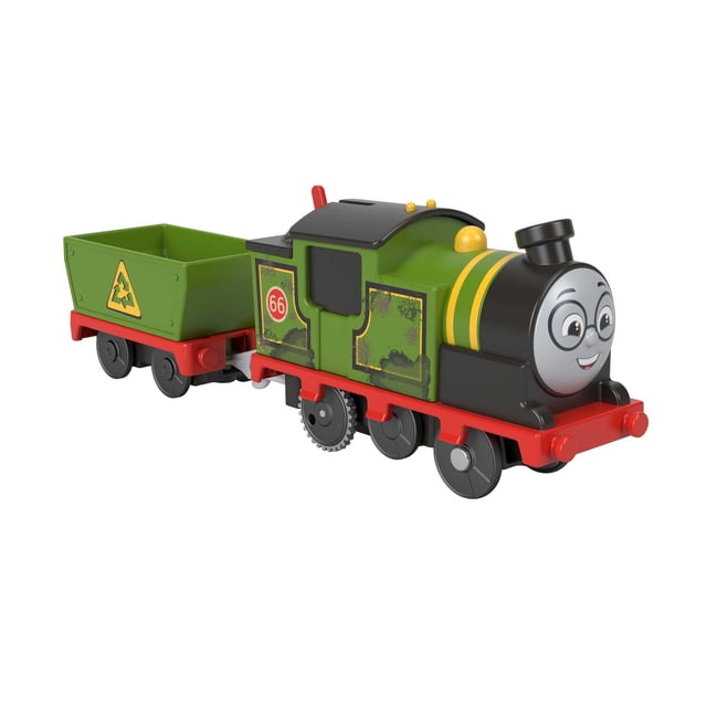 Thomas and Friends Whiff Toy Train with a motorized green engine featuring black and yellow stripes, a smiling face with glasses, and a red base, pulling a green cargo car marked with a recycling symbol, designed for preschool kids and compatible with Thomas & Friends tracks except wood.