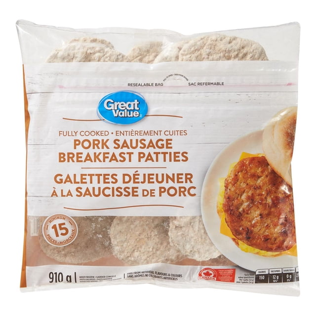 Great Value Pork Sausage Breakfast Patties in a resealable bag containing fully cooked frozen breakfast sausage patties weighing 910 grams, made in Canada, ideal for quick pan-fry or microwave breakfast meals, shown with a breakfast sandwich on the package.