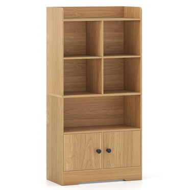 Costway Freestanding Bookshelf with Doors 2 Storage Cabinets and 5 Cubbies 2 Anti-tip Kits Natural