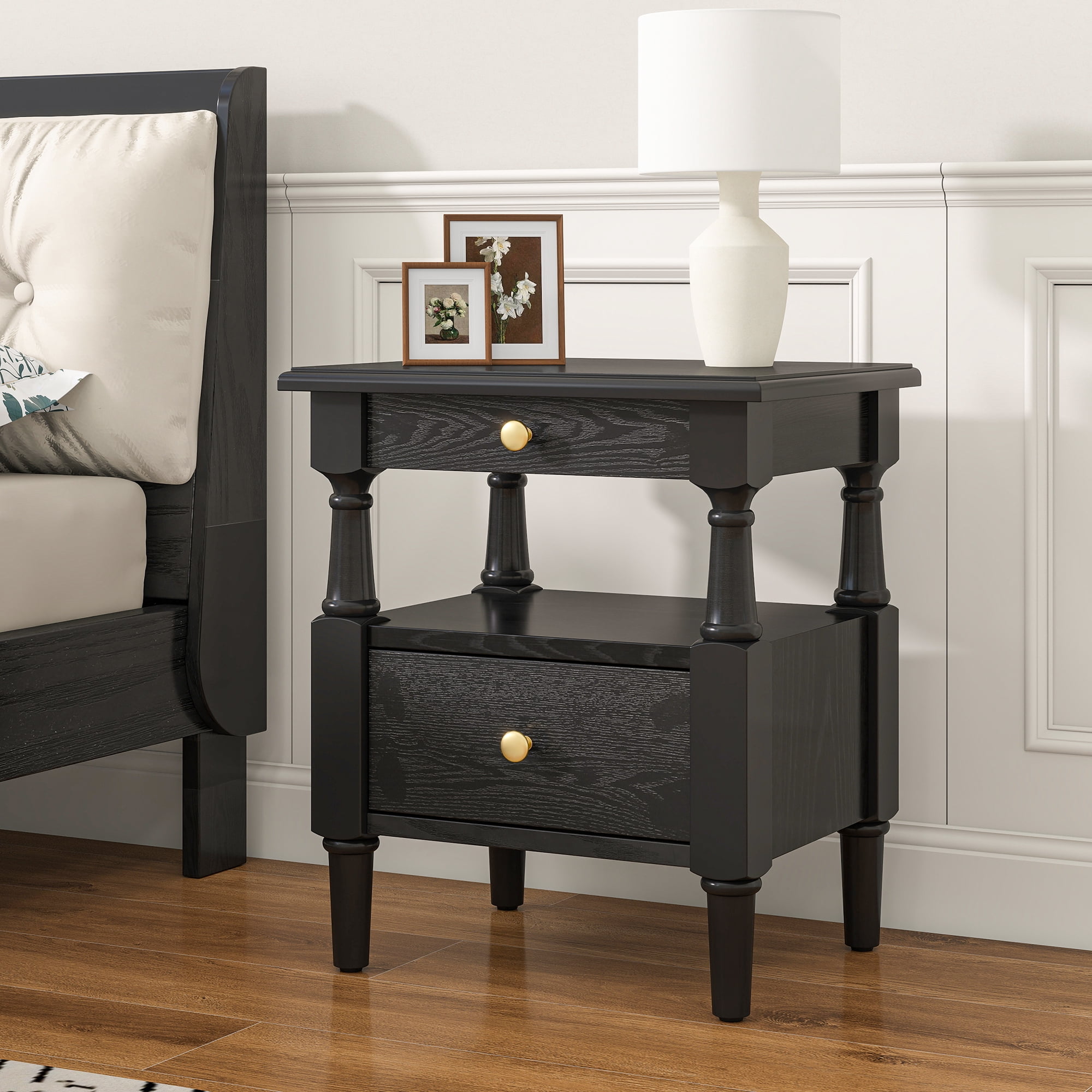 Black Nightstand With Drawers Wooden Bedroom Night Stands Bedside Table With Non-Slip Feet,Sofa Accent End Tables For Small Spaces Living Room Bedroom