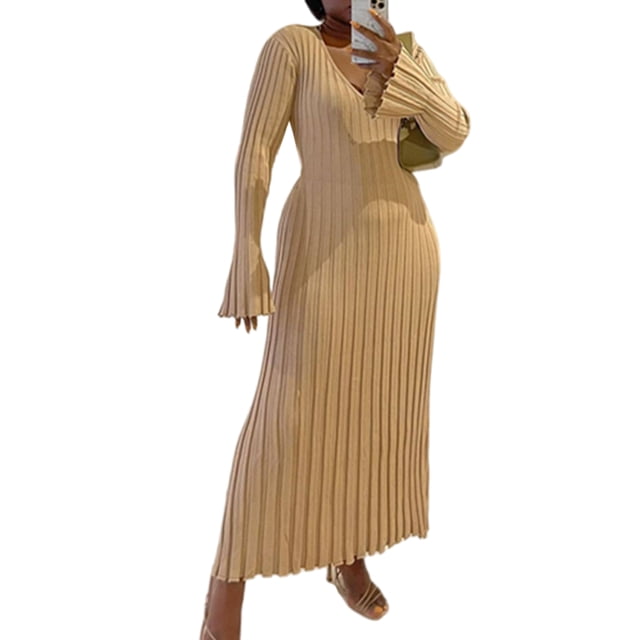 Bellella Pull-Over pour Femmes Robe Pull à Manches Longues Maxi Épaisse Femme Abricot S