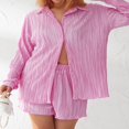 thumbnail image 4 of Women Casual 2 Pcs Clothes Set Solid Color Ruched Long Sleeve Button Down Shirts with Shorts Suit, 4 of 7