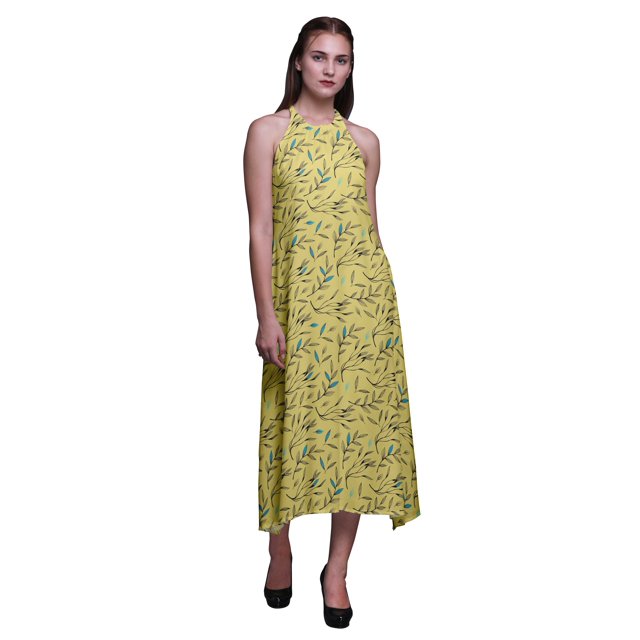 Bimba Feuilles Été Vacances Fête Col Licou Tenue de Plage Femme Dos Nu Robe-Grand