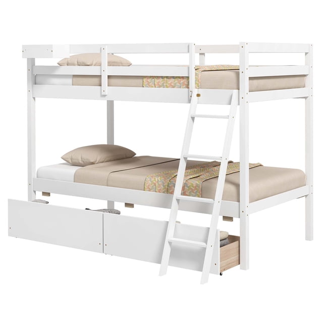 Costway Twin Over Twin Bunk Bed with 2 Storage Drawers Ladder No Box Spring Needed White. This bunk bed is crafted from sturdy pine wood with solid wooden slats for long-lasting durability. It features two pull-out drawers for storing clothes, toys, or books, and a 4-step ladder for easy access to the top bunk. The top bunk includes 12-inch full-length guardrails for added safety. Its modern white finish and space-saving design make it ideal for kids' rooms, dormitories, or shared spaces. Dimensions: 79.5 inches long, 58.5 inches wide, and 58.5 inches high.