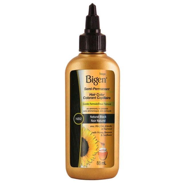 Bigen Semi-Permanent Hair Colour in natural black shade, contained in a gold 88 mL squeeze bottle with a black twist nozzle cap, featuring a label that highlights a gentle, oil-rich formula with honey, beeswax, and sunflower, free from ammonia and peroxide, suitable for all hair types including chemically treated hair.
