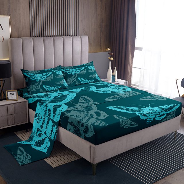 Erosebridal Boho Skull Full Sheet Sets, Skeleton Moth Bedding Full Size, Red Gold 4 Pieces