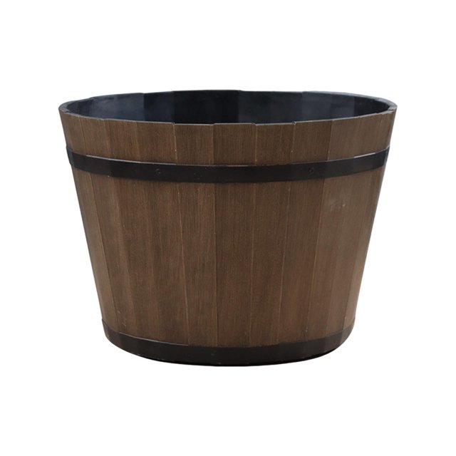jinwen Flower Pot Artwork Ornament Plant Containers for Living Room Tabletop Indoor 12 Inch. A round, brown planter pot with a wood-like texture and black metal bands encircling the top and bottom. Made from durable pp material, it features a thickened pot wall and mouth for shock resistance. Suitable for water cultivation of plants like lotus flowers or water lilies, and can be drilled for soil-based plants. Ideal for home or office decoration, adding a rustic touch to tabletops, countertops, or entryways.
