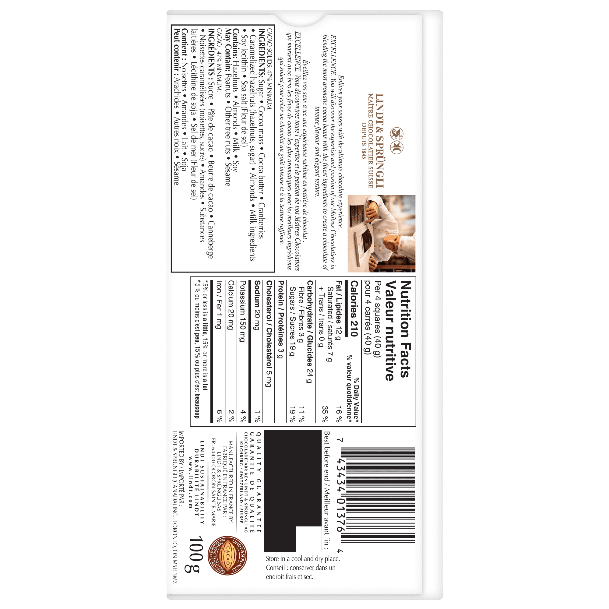 Chocolat noir Lindt EXCELLENCE avec canneberges et noix Barre, 100 g