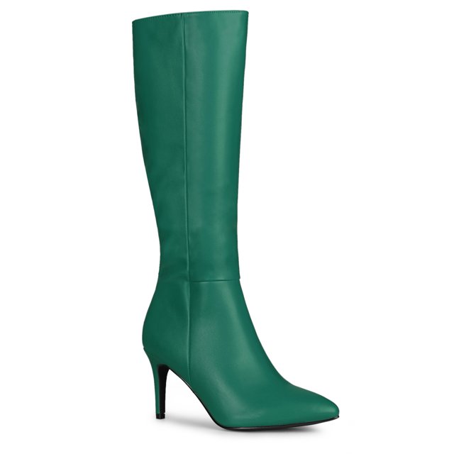 Unique Bargains Women's Pointed Toe Stiletto Heel Knee High Boots Green US 8