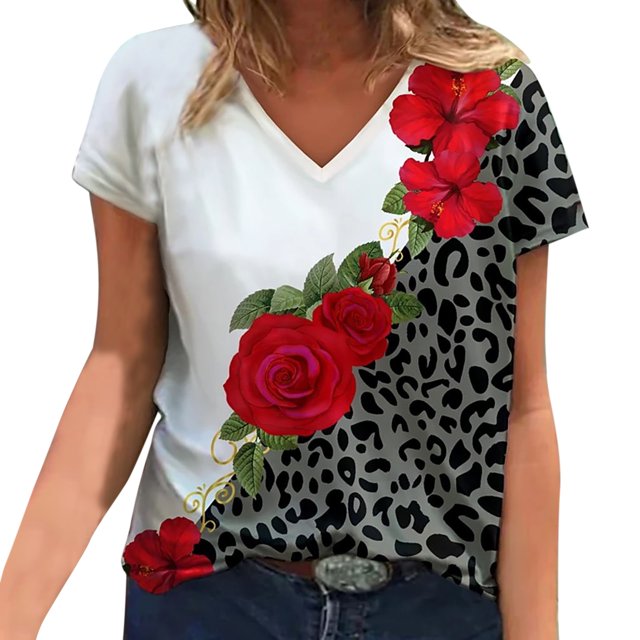 Pompotops T-Shirt Ample à Manches Courtes Imprimé Fleuri d'Été pour Femmes