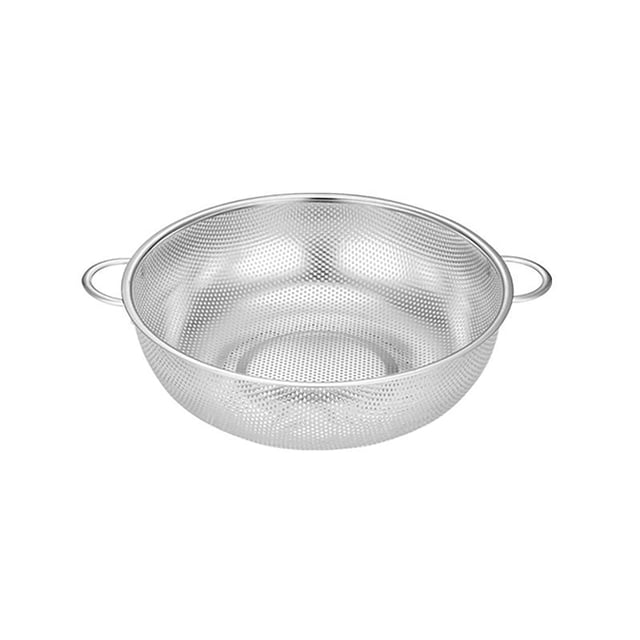 Staron Heavy Duty Stainless Steel Colander, a 25.5cm stainless steel mesh strainer with handles, designed for kitchen use. Features a dense hole pattern for efficient draining of water from fruits, vegetables, rice, and more. Can also be used as a storage basket. Made of durable stainless steel with a simple yet practical design.